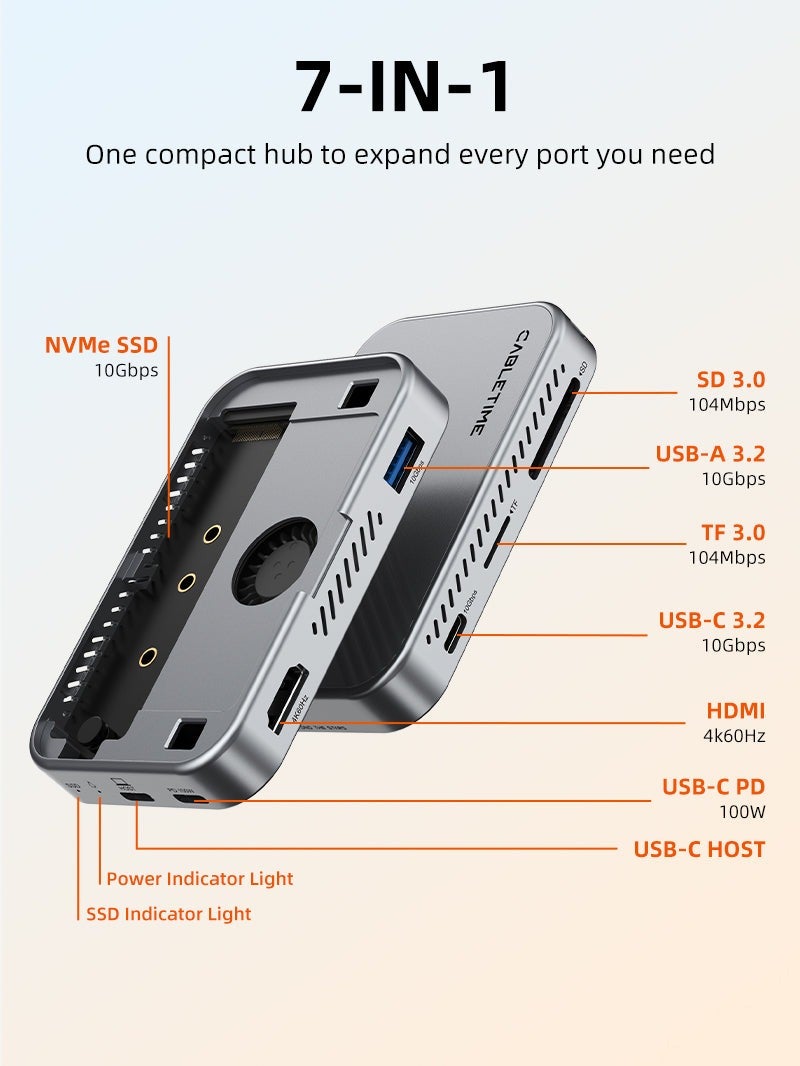 CABLETIME 7-IN-1 MAGNETIC USB-C HUB WITH SSD ENCLOSURE COMPATIBLE WITH IPHONE 17 16 15 PRO MAX MACBOOK PRO AIR, IPAD PRO - Image 3